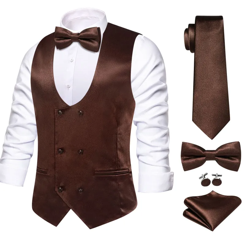 Ties2you Double Breasted Vest Seal Brown Solid Mens Work Vest Tie Bowtie Set 5PC sold by Ties2You