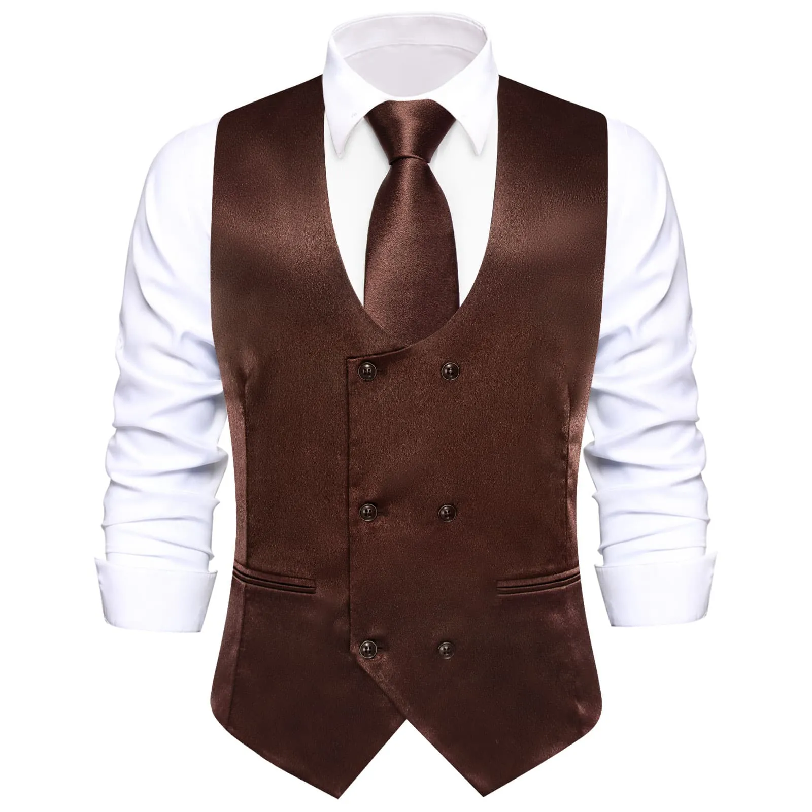 Ties2you Double Breasted Vest Seal Brown Solid Mens Work Vest Tie Bowtie Set 5PC sold by Ties2You product image thumbnail 4