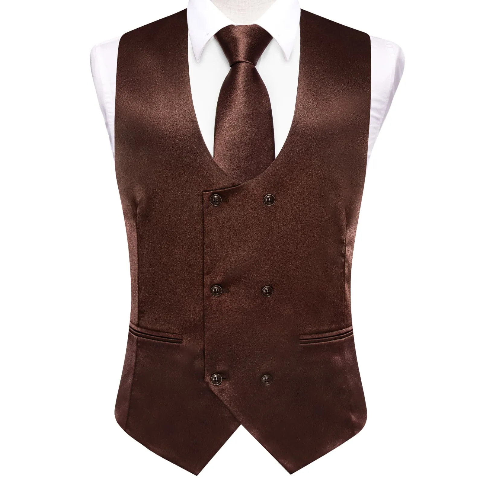 Ties2you Double Breasted Vest Seal Brown Solid Mens Work Vest Tie Bowtie Set 5PC sold by Ties2You product image thumbnail 3
