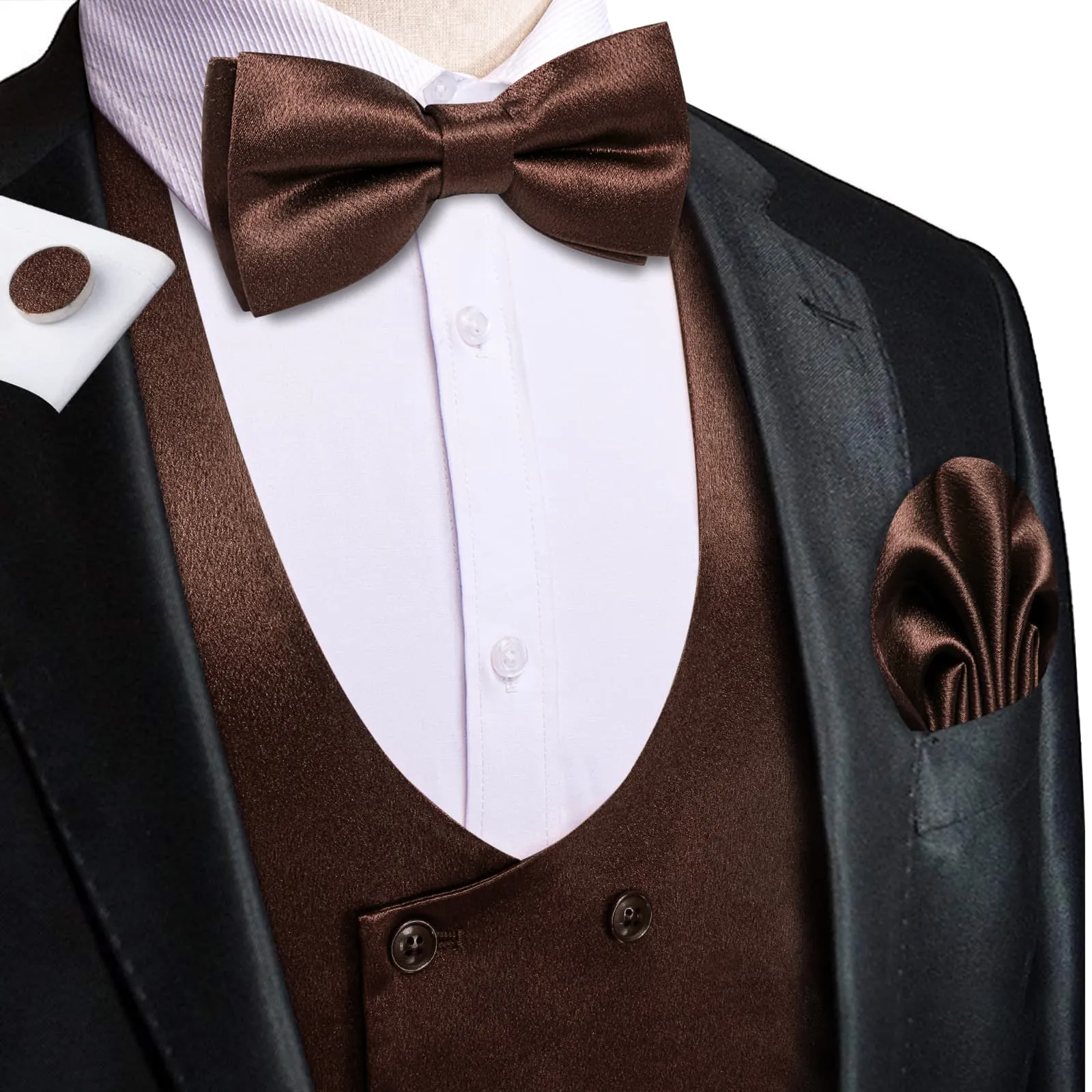 Ties2you Double Breasted Vest Seal Brown Solid Mens Work Vest Tie Bowtie Set 5PC sold by Ties2You product image thumbnail 2