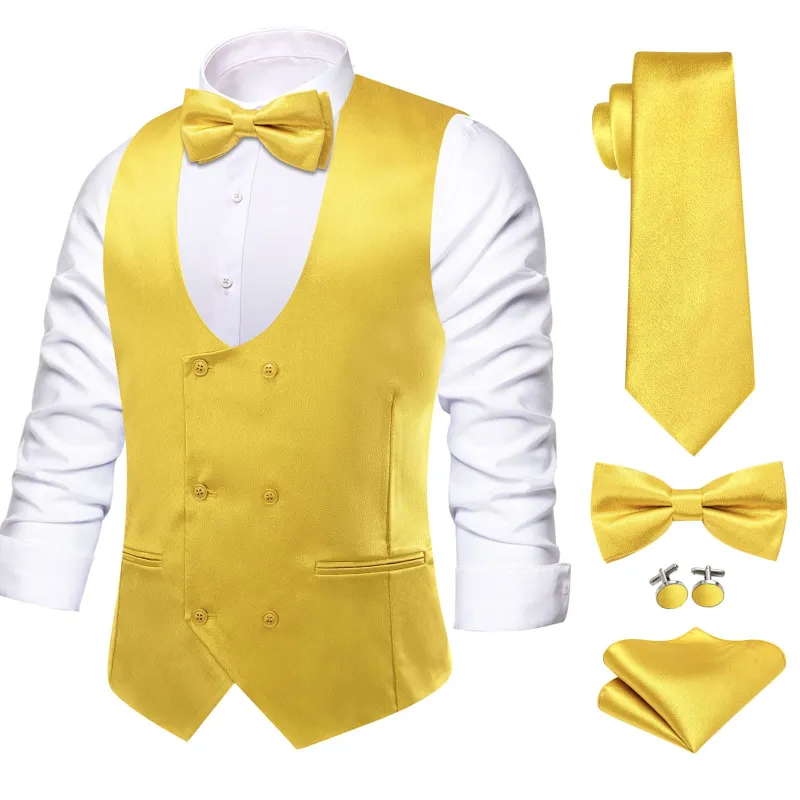 Ties2you Double Breasted Vest Jonquil Yellow Solid Mens Vest Tie Bowtie Set 5PC sold by Ties2You