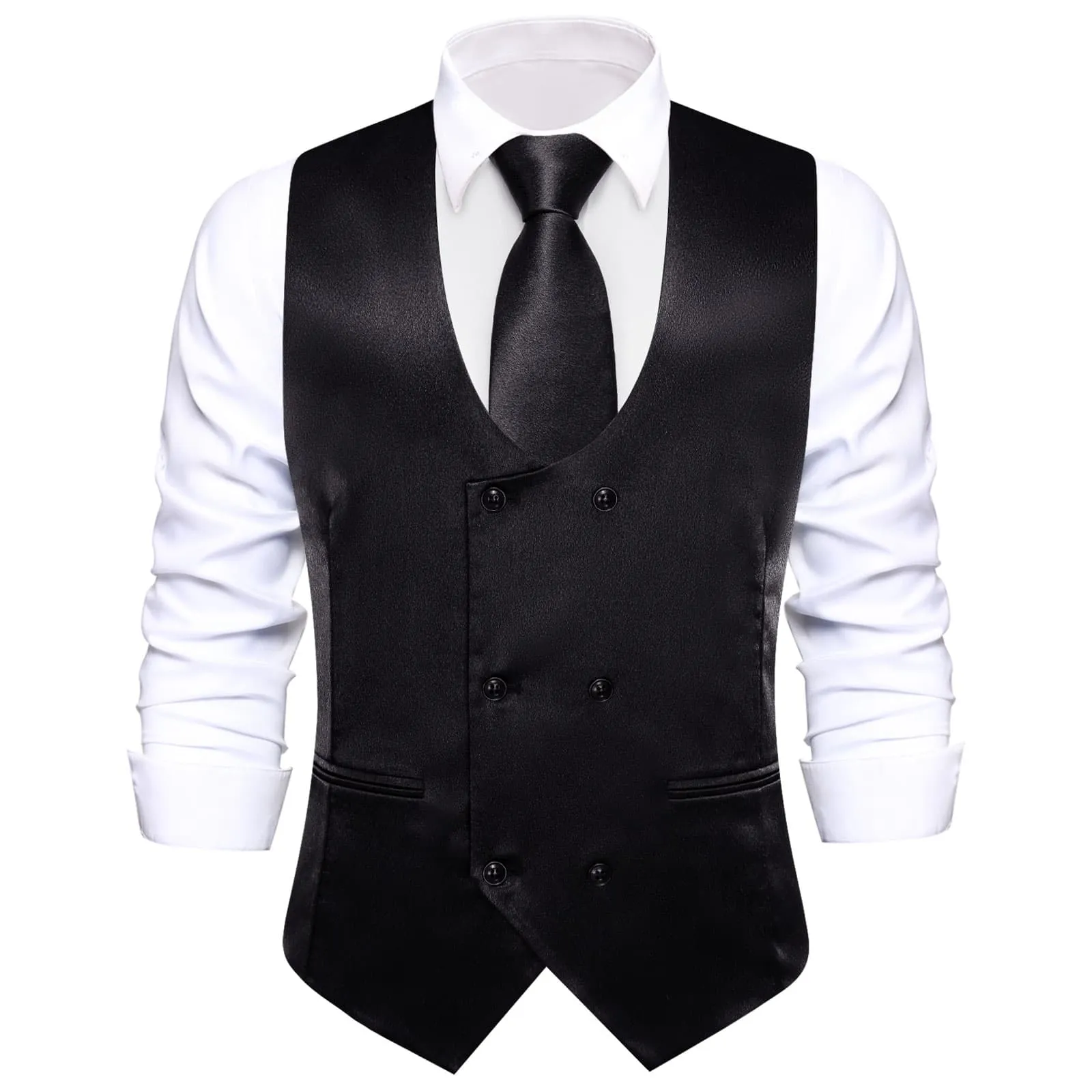 Ties2you Double Breasted Vest Classic Black Solid Mens Vest Tie Bowtie Set 5PC for Business sold by Ties2You product image thumbnail 4