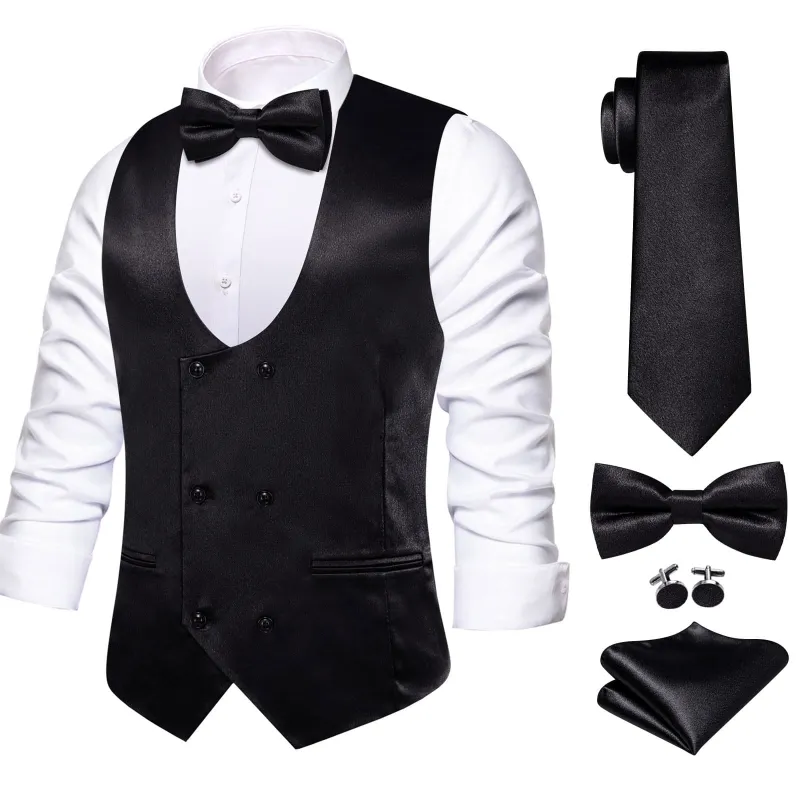 Ties2you Double Breasted Vest Classic Black Solid Mens Vest Tie Bowtie Set 5PC for Business sold by Ties2You