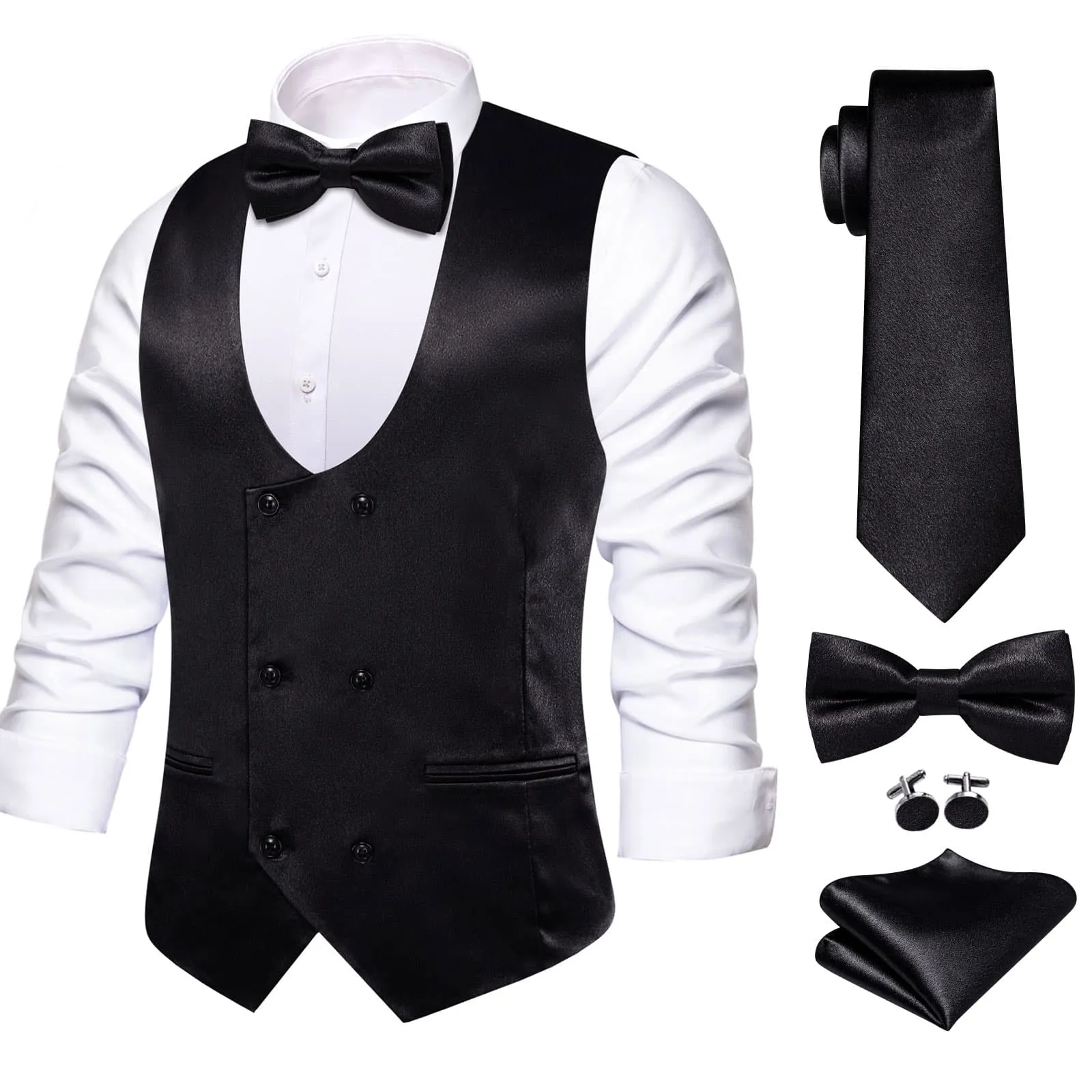 Ties2you Double Breasted Vest Classic Black Solid Mens Vest Tie Bowtie Set 5PC for Business sold by Ties2You