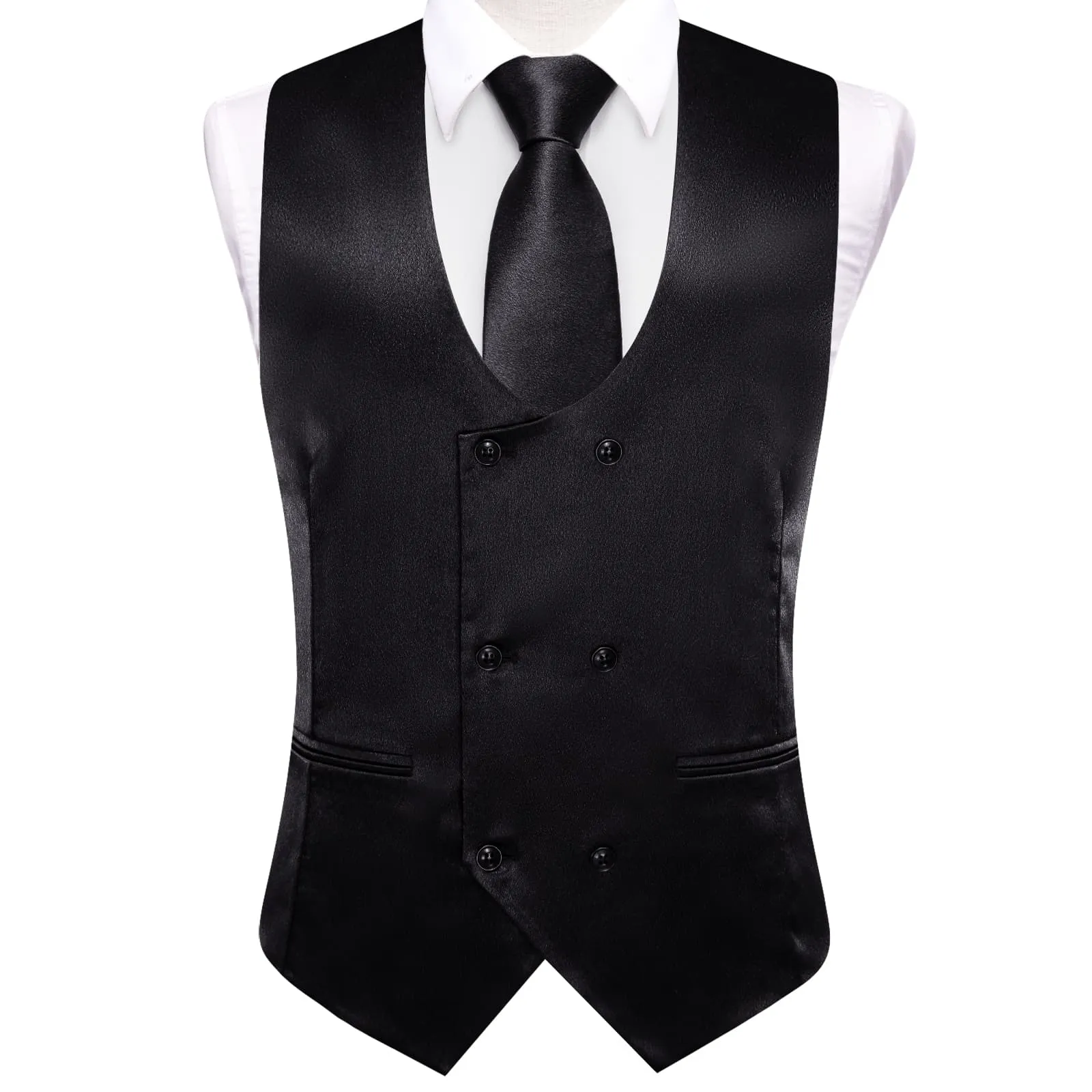 Ties2you Double Breasted Vest Classic Black Solid Mens Vest Tie Bowtie Set 5PC for Business sold by Ties2You product image thumbnail 3