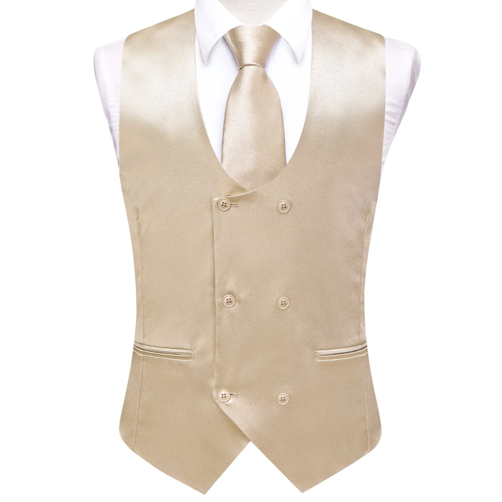 Ties2you Double Breasted Vest Beige Solid Mens Silk Vest Tie Bowtie Set 5PC sold by Ties2You product image thumbnail 3