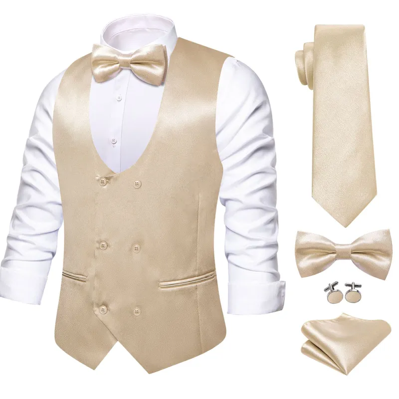 Ties2you Double Breasted Vest Beige Solid Mens Silk Vest Tie Bowtie Set 5PC sold by Ties2You