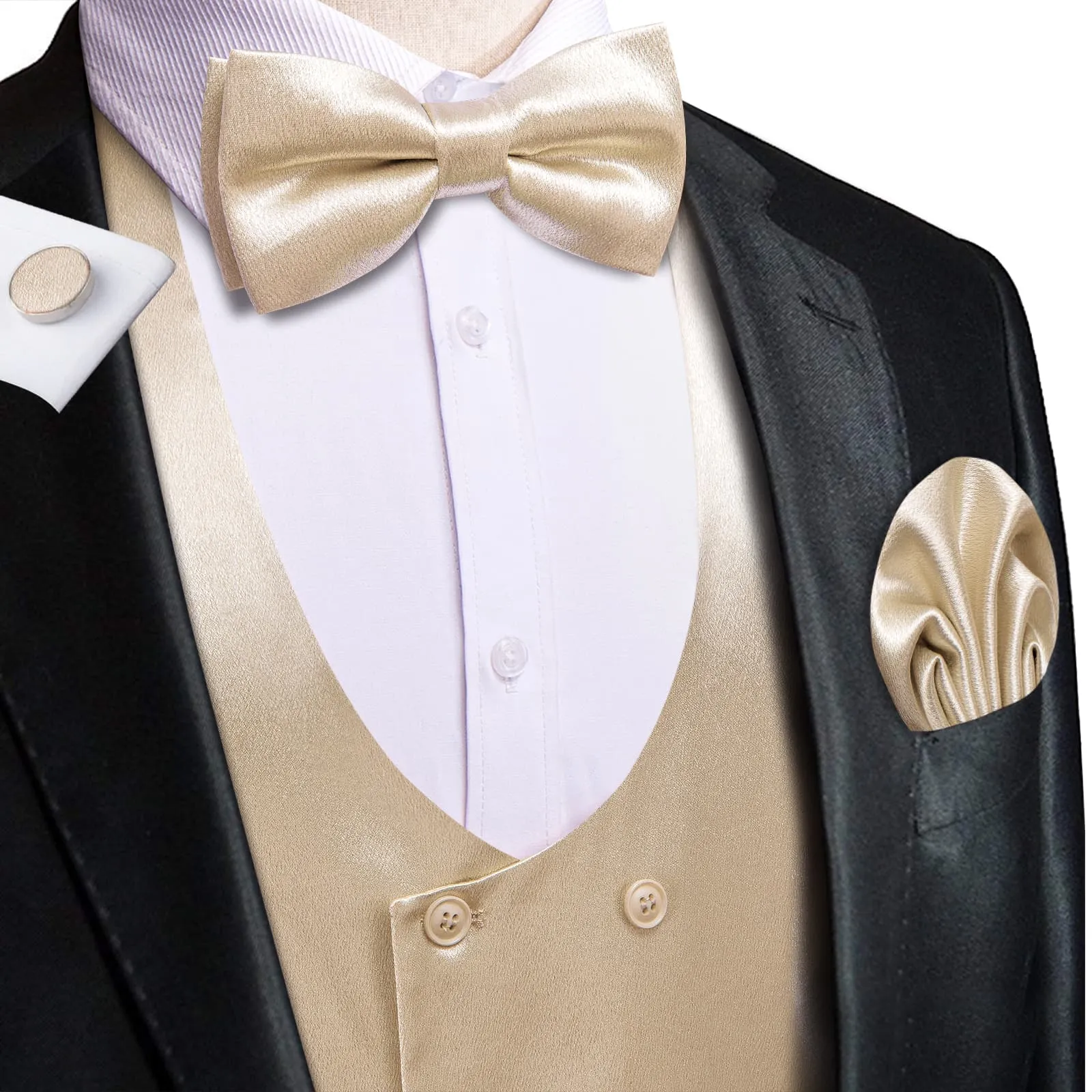 Ties2you Double Breasted Vest Beige Solid Mens Silk Vest Tie Bowtie Set 5PC sold by Ties2You product image thumbnail 2