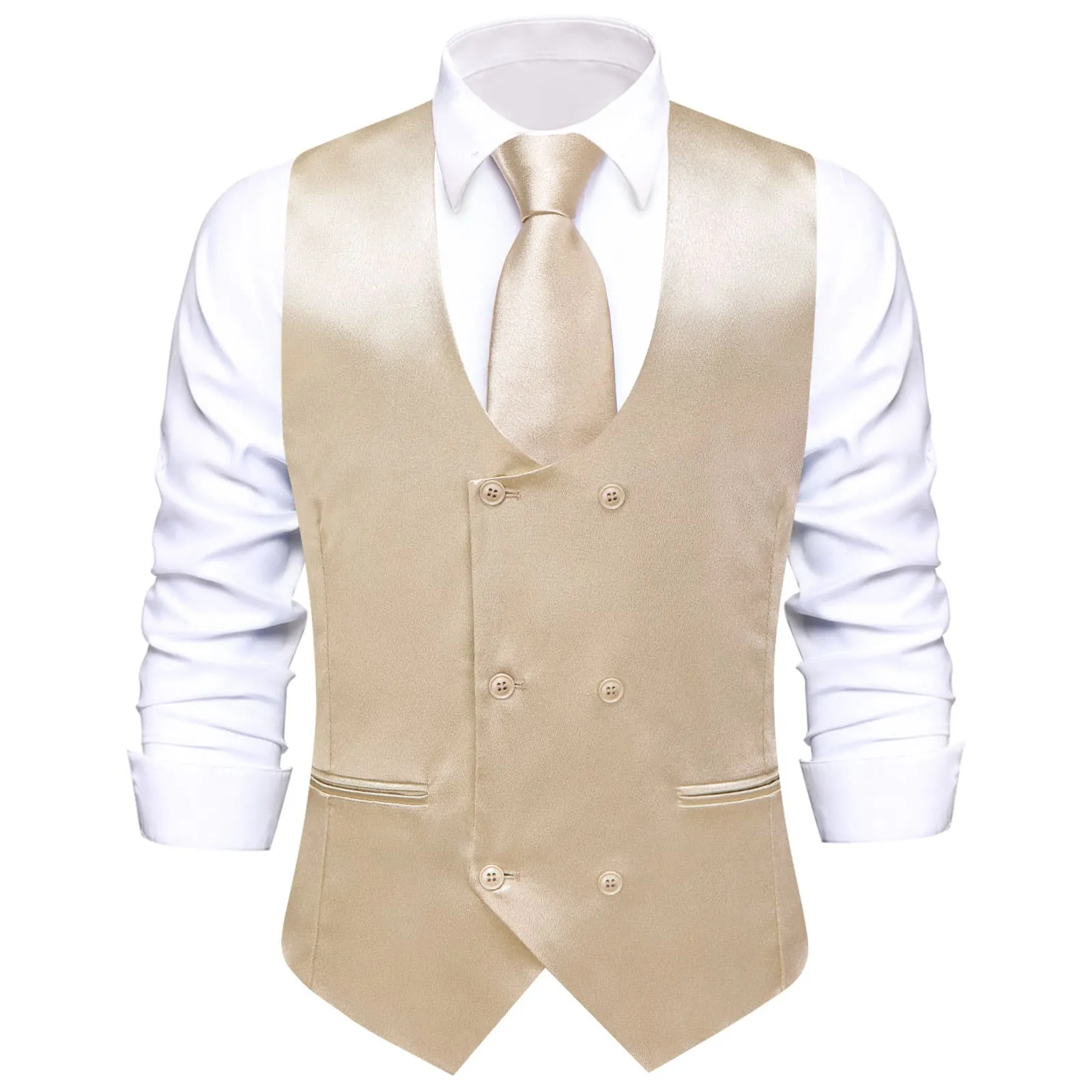 Ties2you Double Breasted Vest Beige Solid Mens Silk Vest Tie Bowtie Set 5PC sold by Ties2You product image thumbnail 4