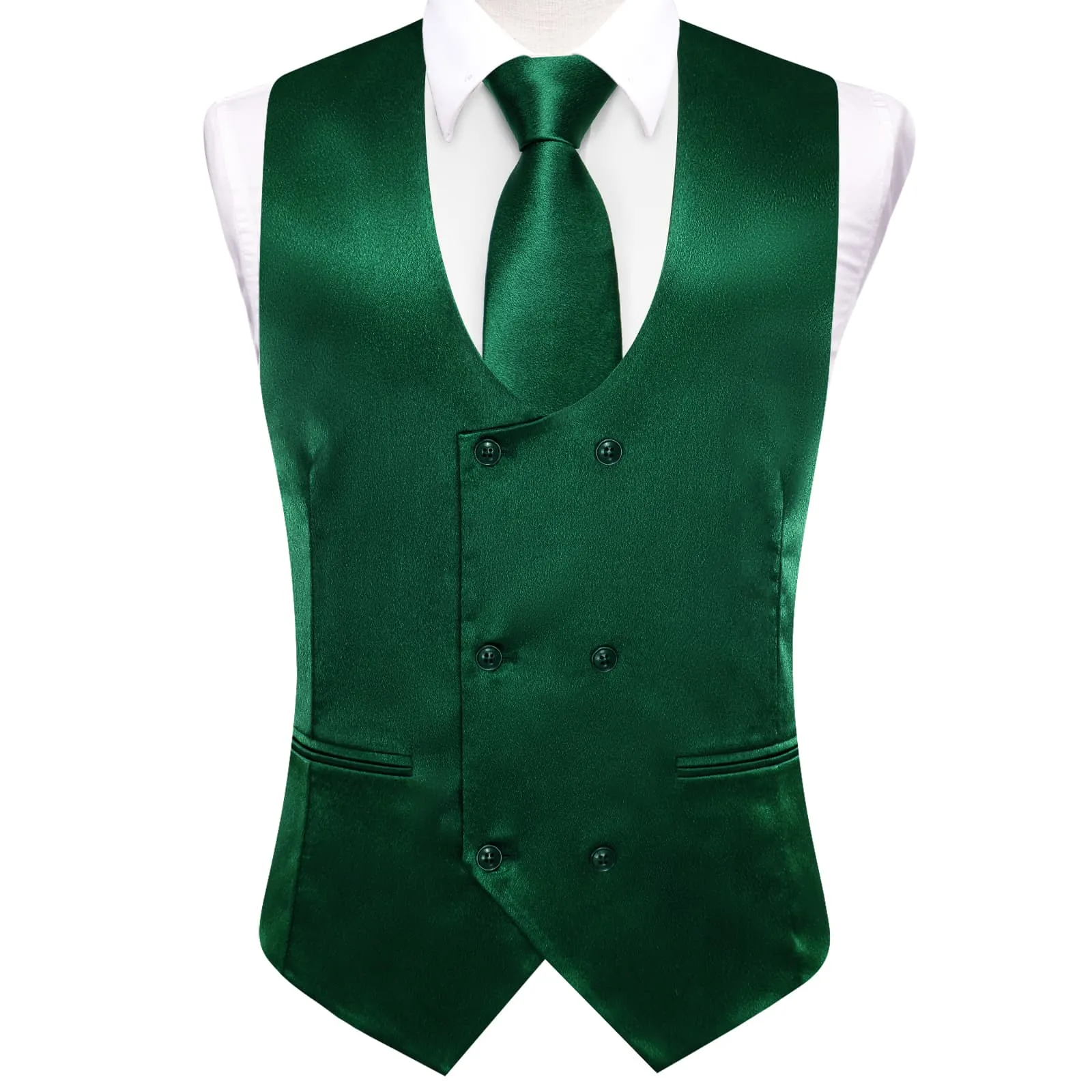 Ties2you Double Breasted Vest Hunter Green Solid Business Mens Vest Tie Bowtie Set 5PC sold by Ties2You product image thumbnail 3