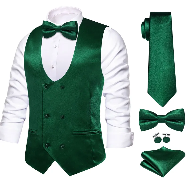 Ties2you Double Breasted Vest Hunter Green Solid Business Mens Vest Tie Bowtie Set 5PC sold by Ties2You