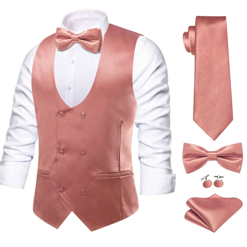 Ties2you Double Breasted Vest Old Rose Pink Solid Wedding Mens Vest Tie Bowtie Set 5PC sold by Ties2You