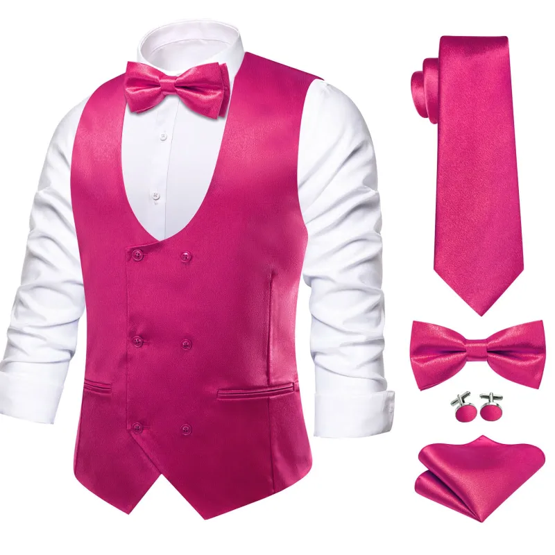 Ties2you Double Breasted Vest Magenta Pink Solid Mens Tuxedo Vest Tie Bowtie Set 5PC sold by Ties2You