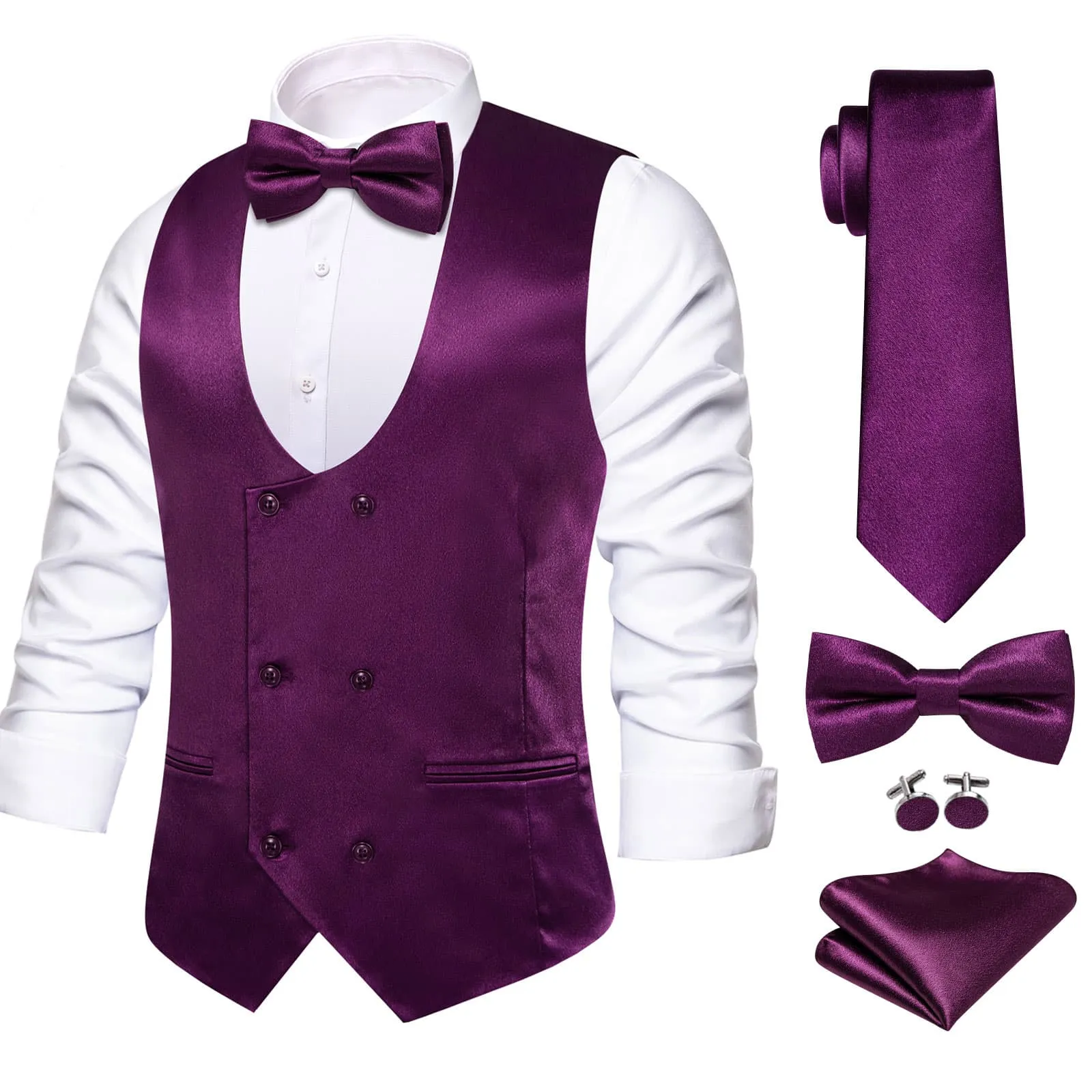 Ties2you Double Breasted Vest Deep Purple Solid Mens Vest Tie Bowtie Set 5PC sold by Ties2You