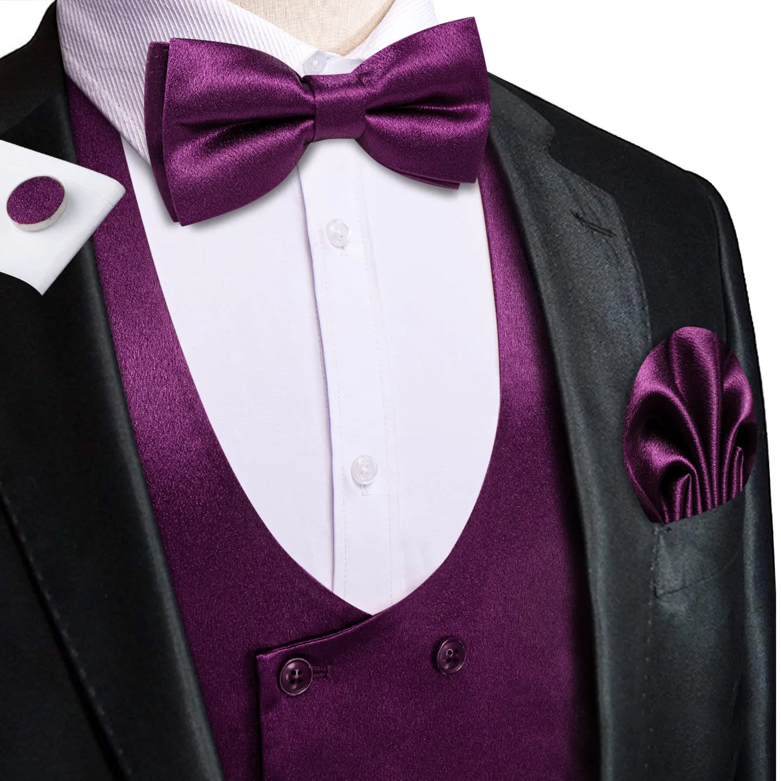Ties2you Double Breasted Vest Deep Purple Solid Mens Vest Tie Bowtie Set 5PC sold by Ties2You product image thumbnail 2