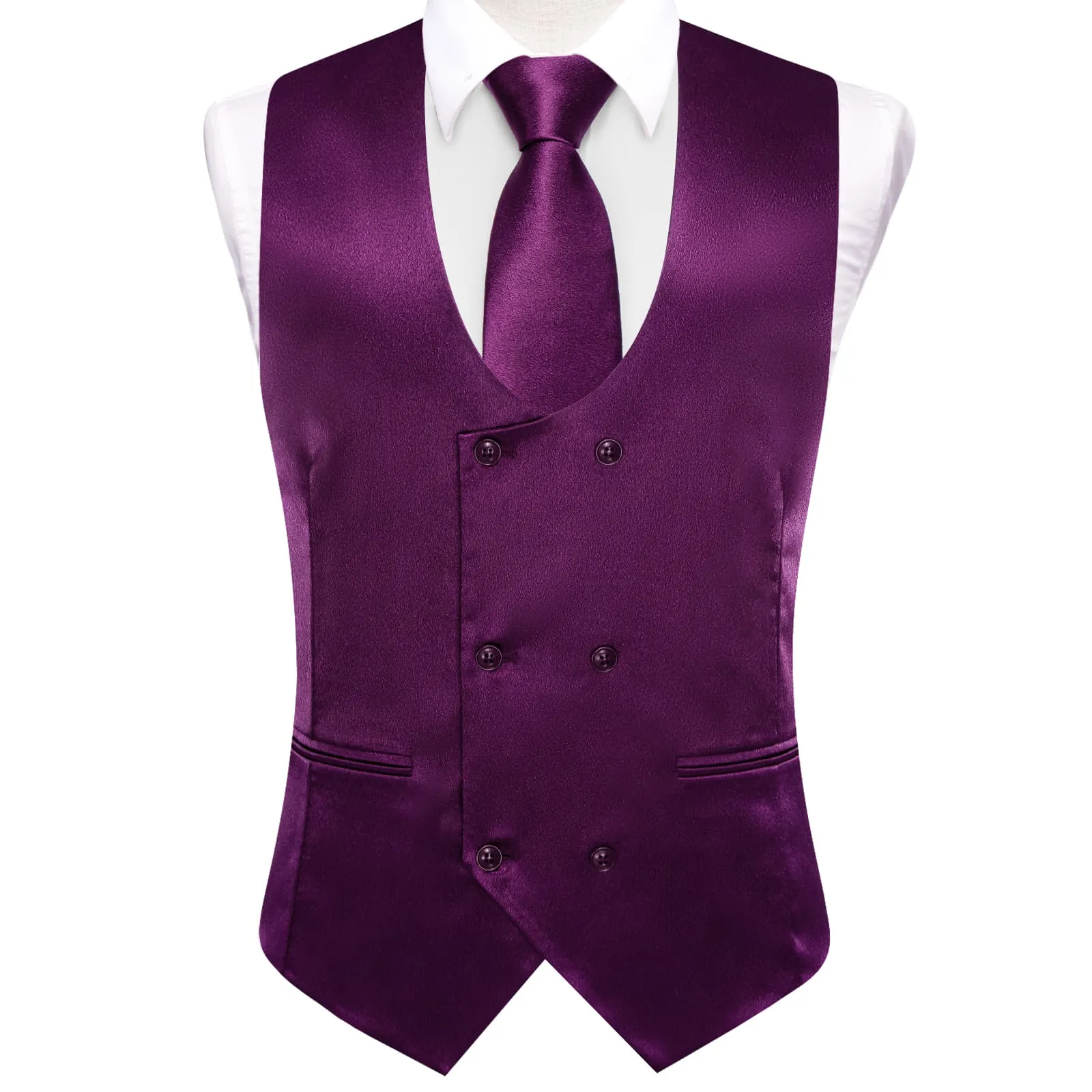 Ties2you Double Breasted Vest Deep Purple Solid Mens Vest Tie Bowtie Set 5PC sold by Ties2You product image thumbnail 3
