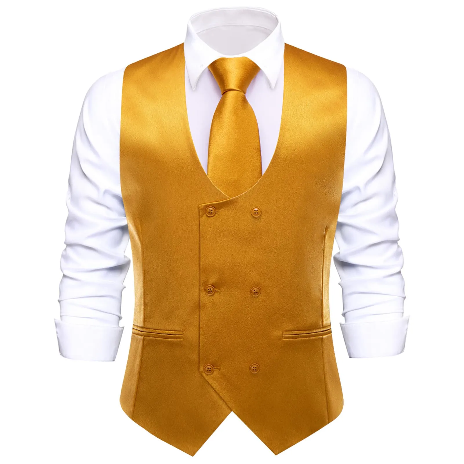 Ties2you Double Breasted Vest Copper Gold Solid Mens Work Dress Vest Tie Bowtie Set 5PC sold by Ties2You product image thumbnail 4
