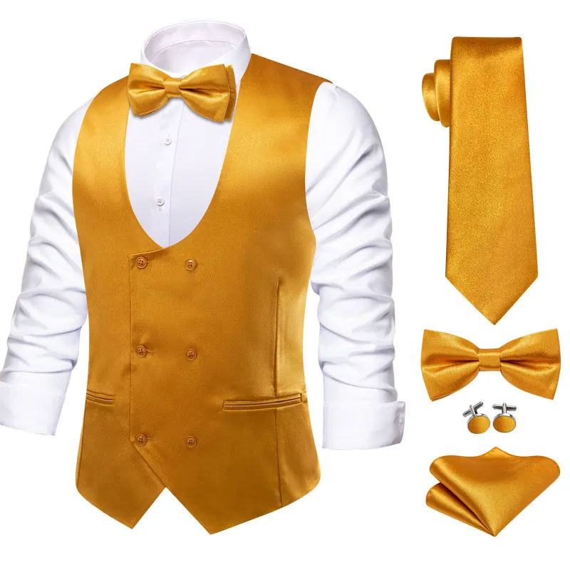 Ties2you Double Breasted Vest Copper Gold Solid Mens Work Dress Vest Tie Bowtie Set 5PC sold by Ties2You