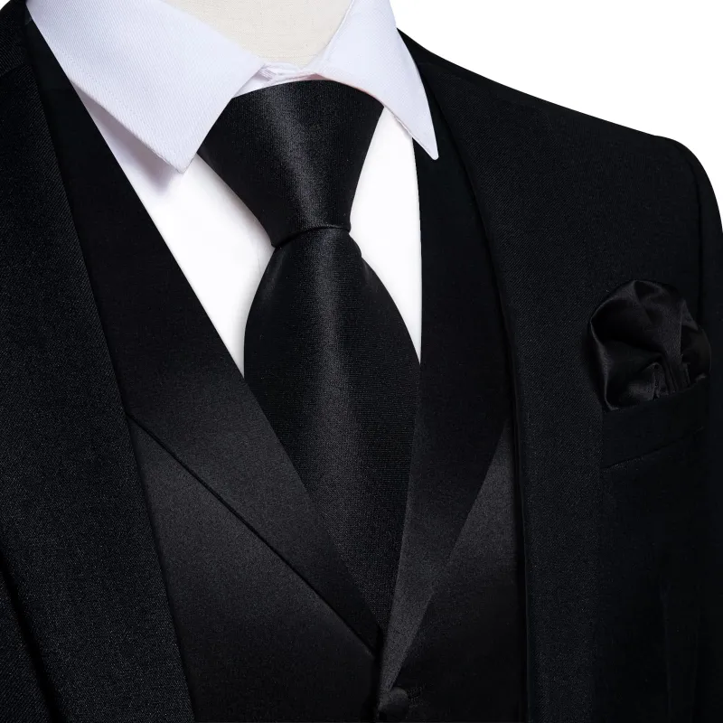 Ties2you Dress Vest Pure Black Solid Notched Collar Silk Business Tuxedo Vest for Men sold by Ties2You
