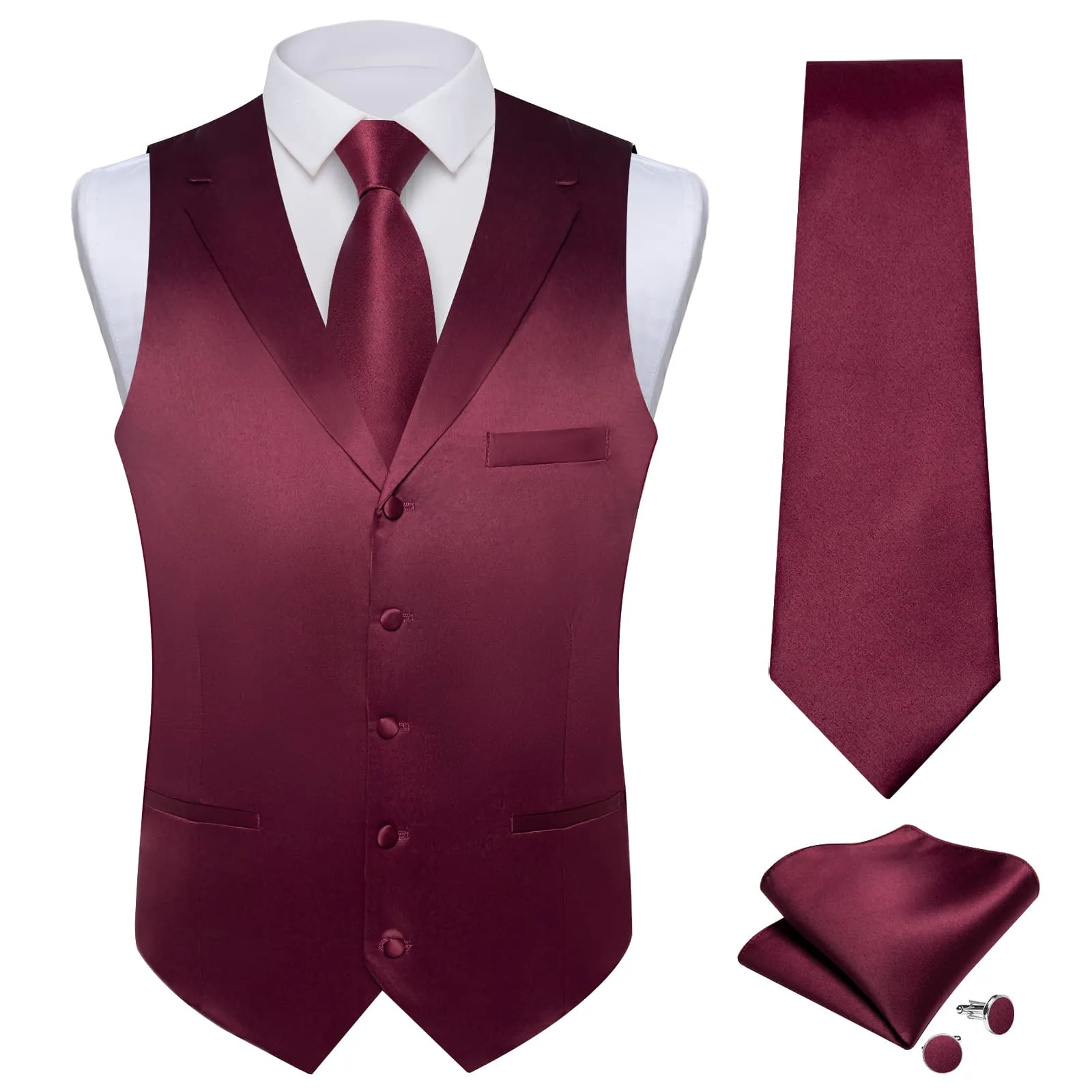 Ties2you Dress Vest Cordovan Red Solid Notched Collar Silk Button Vest for Men sold by Ties2You product image thumbnail 2