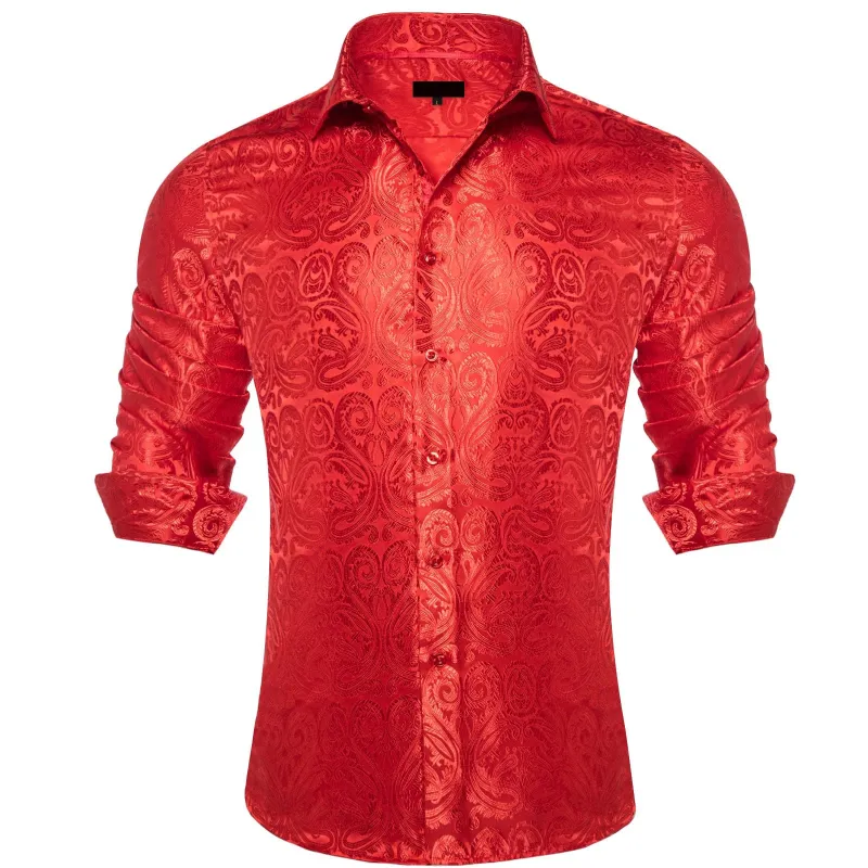 Ties2you Dress Shirt Coral Red Paisley Long Sleeve Silk Button Up Mens Shirt for Wedding sold by Ties2You