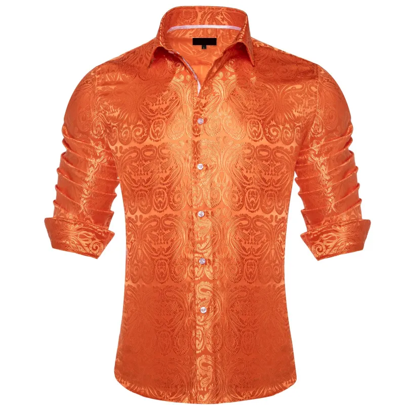 Ties2you Dress Shirt Flame Orange Paisley Long Sleeve Mens Silk Button Up Shirt sold by Ties2You