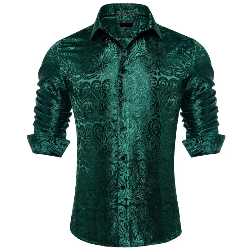 Ties2you Dress Shirt Phthalo Green Paisley Long Sleeve Button Up Silk Mens Shirt sold by Ties2You