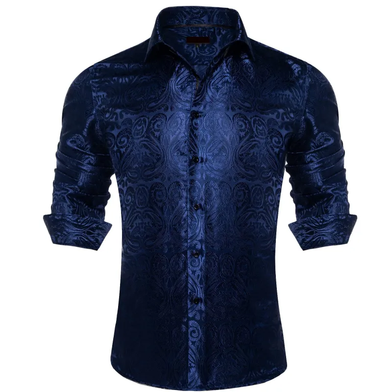 Ties2you Dress Shirt Oxford Blue Paisley Long Sleeve Button Up Silk Work Shirt for Men sold by Ties2You