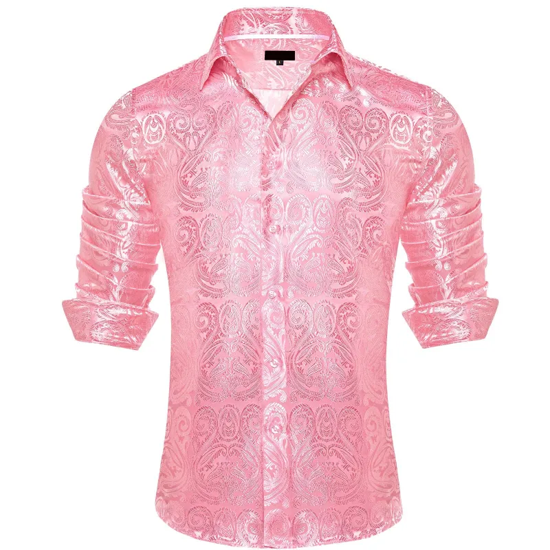 Ties2you Dress Shirt Nadeshiko Pink Paisley Long Sleeve Button Up Silk Men Shirt sold by Ties2You