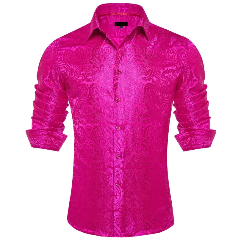Ties2you Dress Shirt Hot Pink Paisley Long Sleeve Button Up Silk Shirt for Men sold by Ties2You