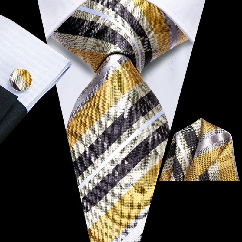 Ties2you Silk Tie Yellow Black Striped Mens Tuxedo Dress Tie Pocket Square Cufflinks Set sold by Ties2You
