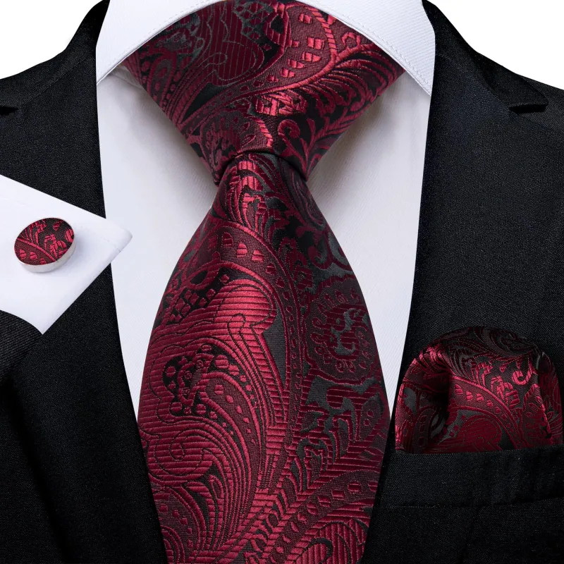 Ties2you Neck Tie Dark Red Floral Silk Mens Dress Work Tie Handkerchief Cufflinks Set sold by Ties2You