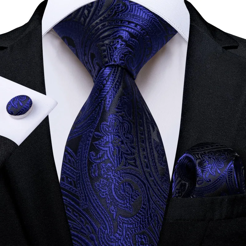 Ties2you Neck Tie Midnight Blue Floral Silk Mens Dress Tie Handkerchief Cufflinks Set sold by Ties2You