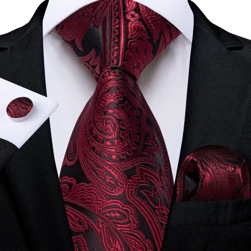 Ties2you Neck Tie Wine Red Floral Silk Mens Dress Tie Pocket Square Cufflinks Set for Formal sold by Ties2You