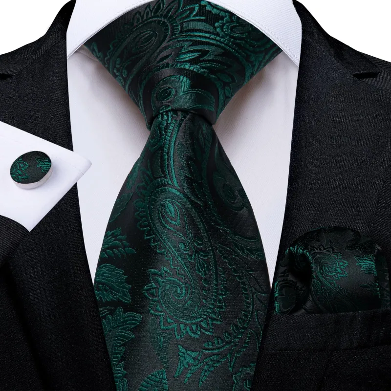 Ties2you Neck Tie Deep Green Paisley Silk Mens Dress Tie Pocket Square Cufflinks Set sold by Ties2You