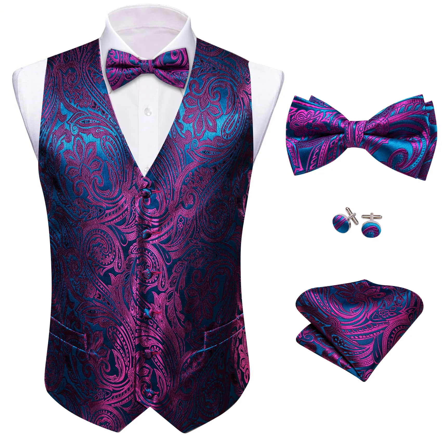 Ties2you Vest for Men Deep Purple Blue Paisley Silk Button Dress Vest Tie Pocket Square Cufflinks Set sold by Ties2You product image thumbnail 3