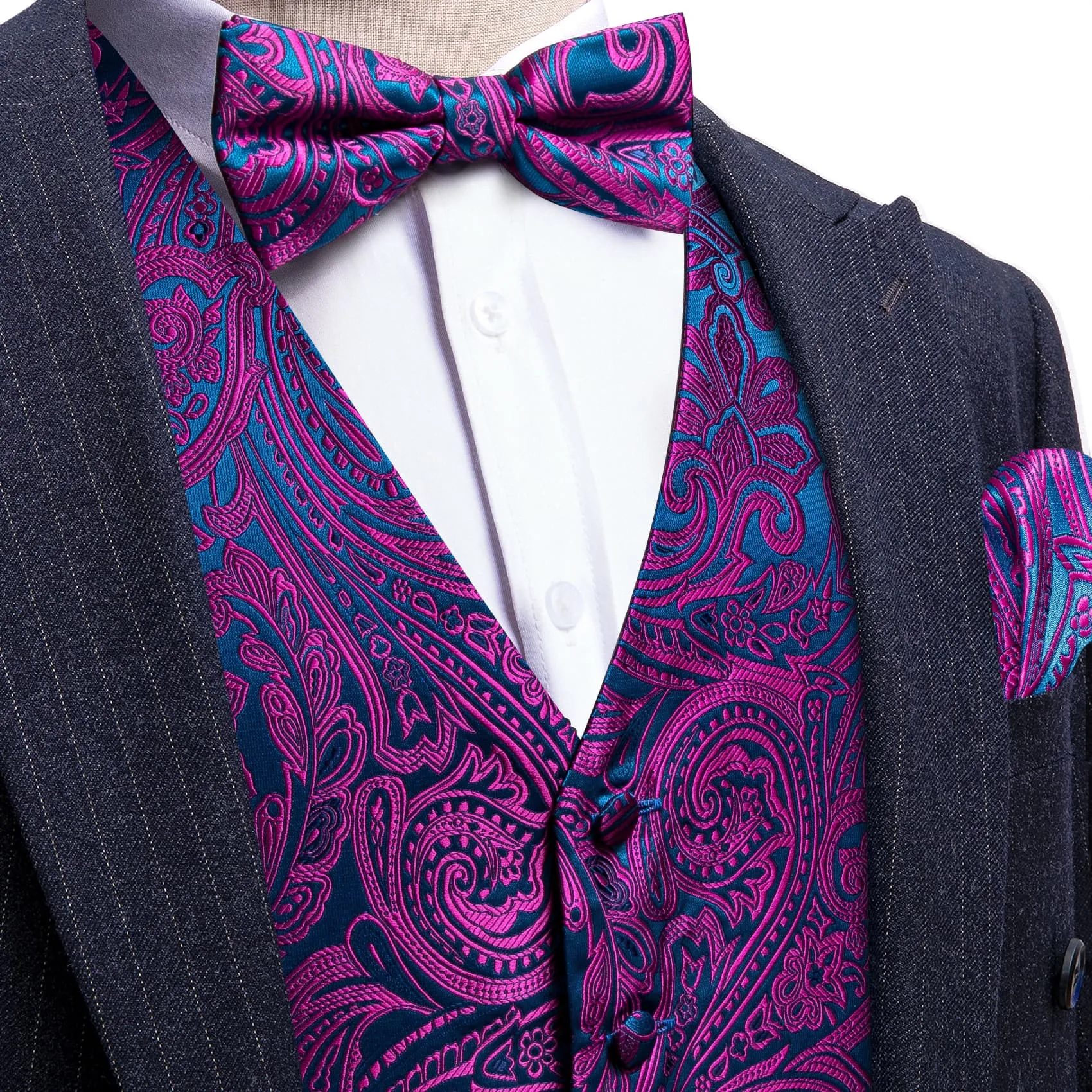 Ties2you Vest for Men Deep Purple Blue Paisley Silk Button Dress Vest Tie Pocket Square Cufflinks Set sold by Ties2You