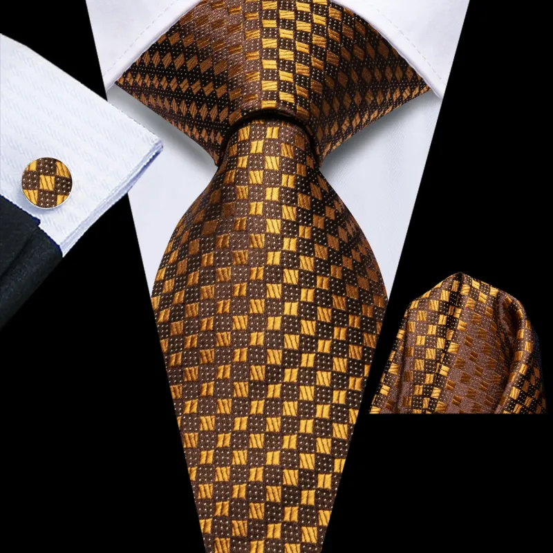 Ties2you Extra Long Tie Brown Gold Plaid 70 Inches Silk Mens Dress Tie Set for Formal sold by Ties2You