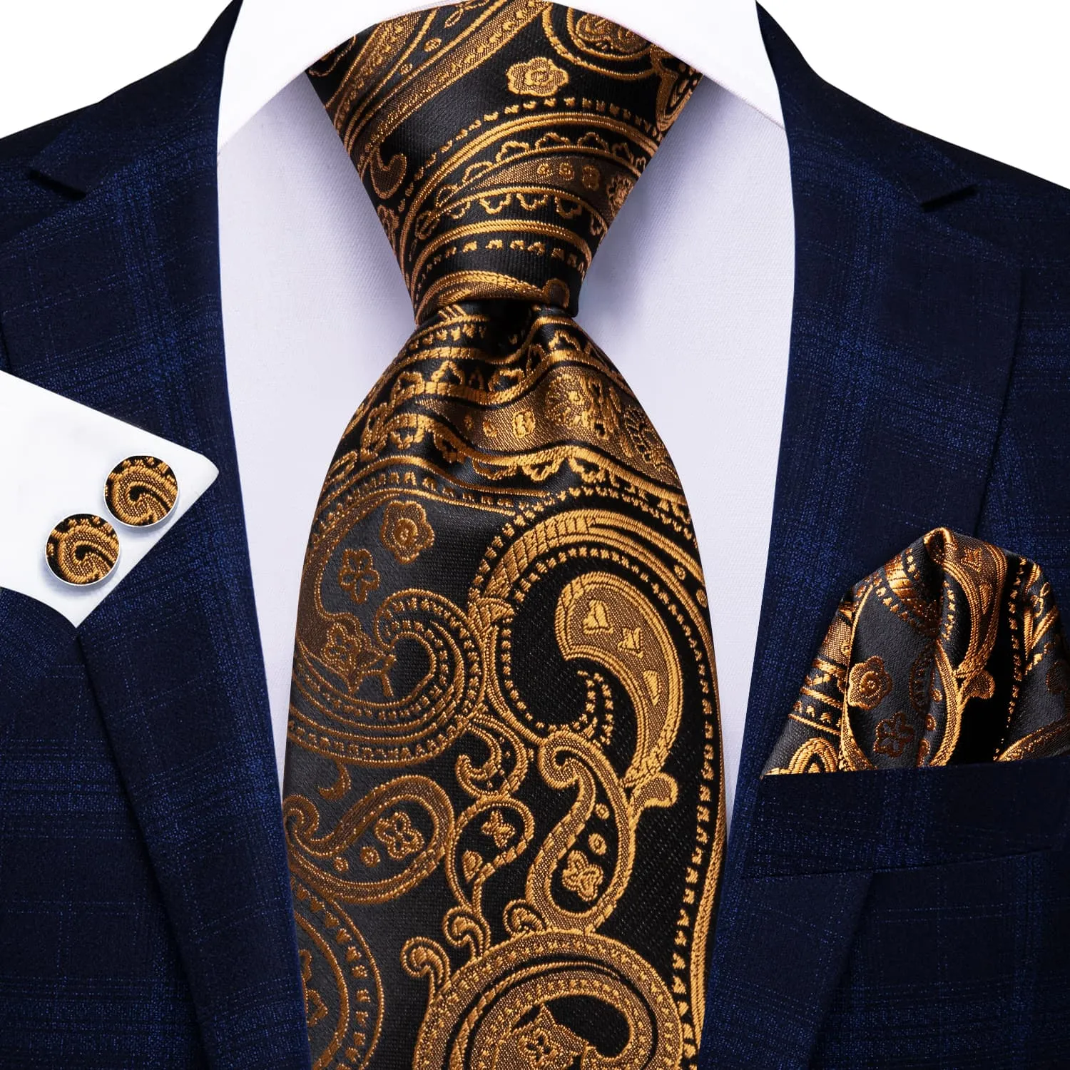 Ties2you Extra Long Tie Black Gold Paisley 70 Inches Silk Mens Work Tie Set for Formal sold by Ties2You product image thumbnail 2