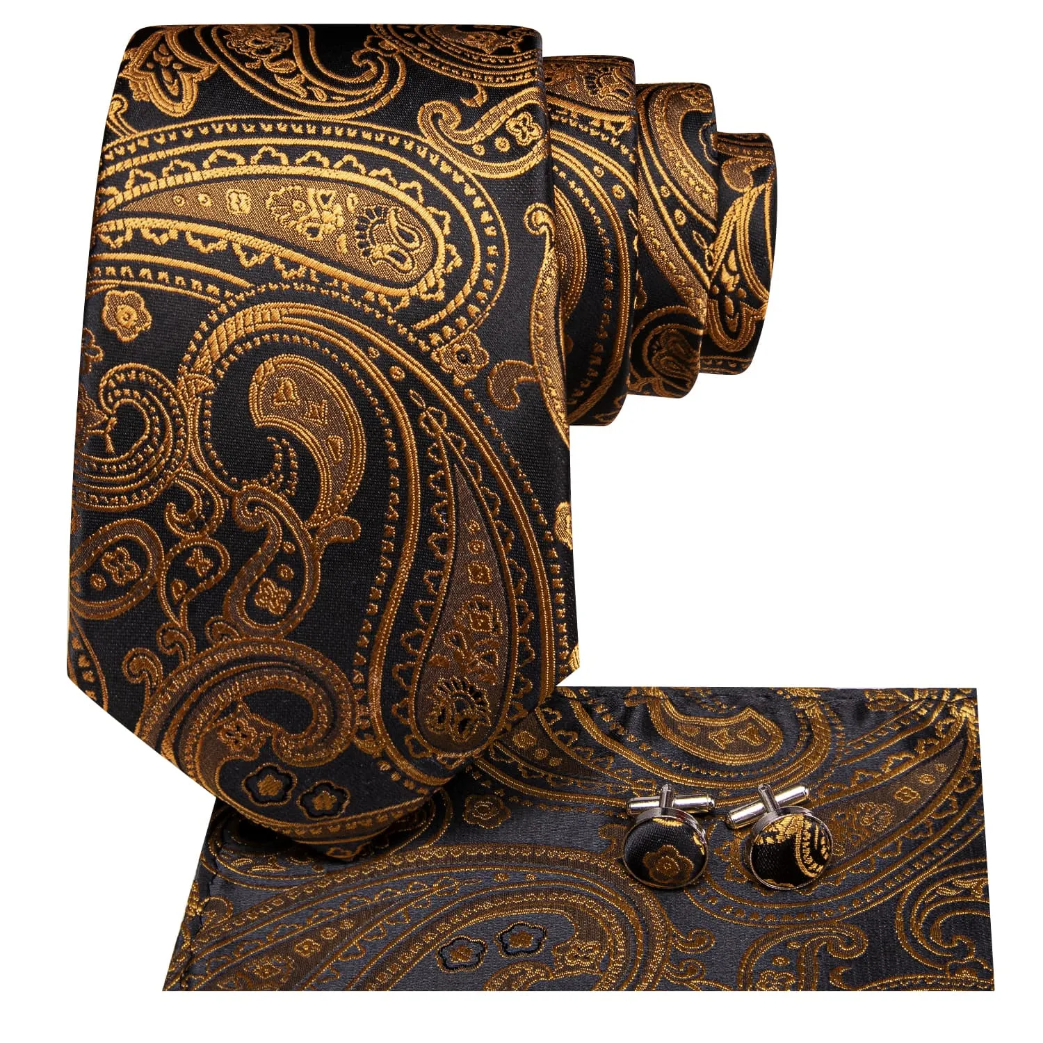 Ties2you Extra Long Tie Black Gold Paisley 70 Inches Silk Mens Work Tie Set for Formal sold by Ties2You product image thumbnail 3