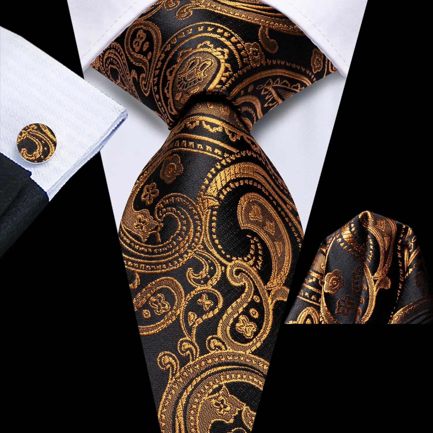 Ties2you Extra Long Tie Black Gold Paisley 70 Inches Silk Mens Work Tie Set for Formal sold by Ties2You