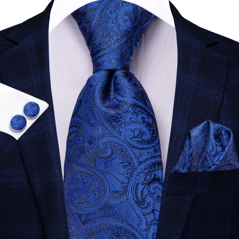 MediumBlue Paisley Men's 70 Inches Extra Length Tie Handkerchief Cufflinks Set sold by Ties2You