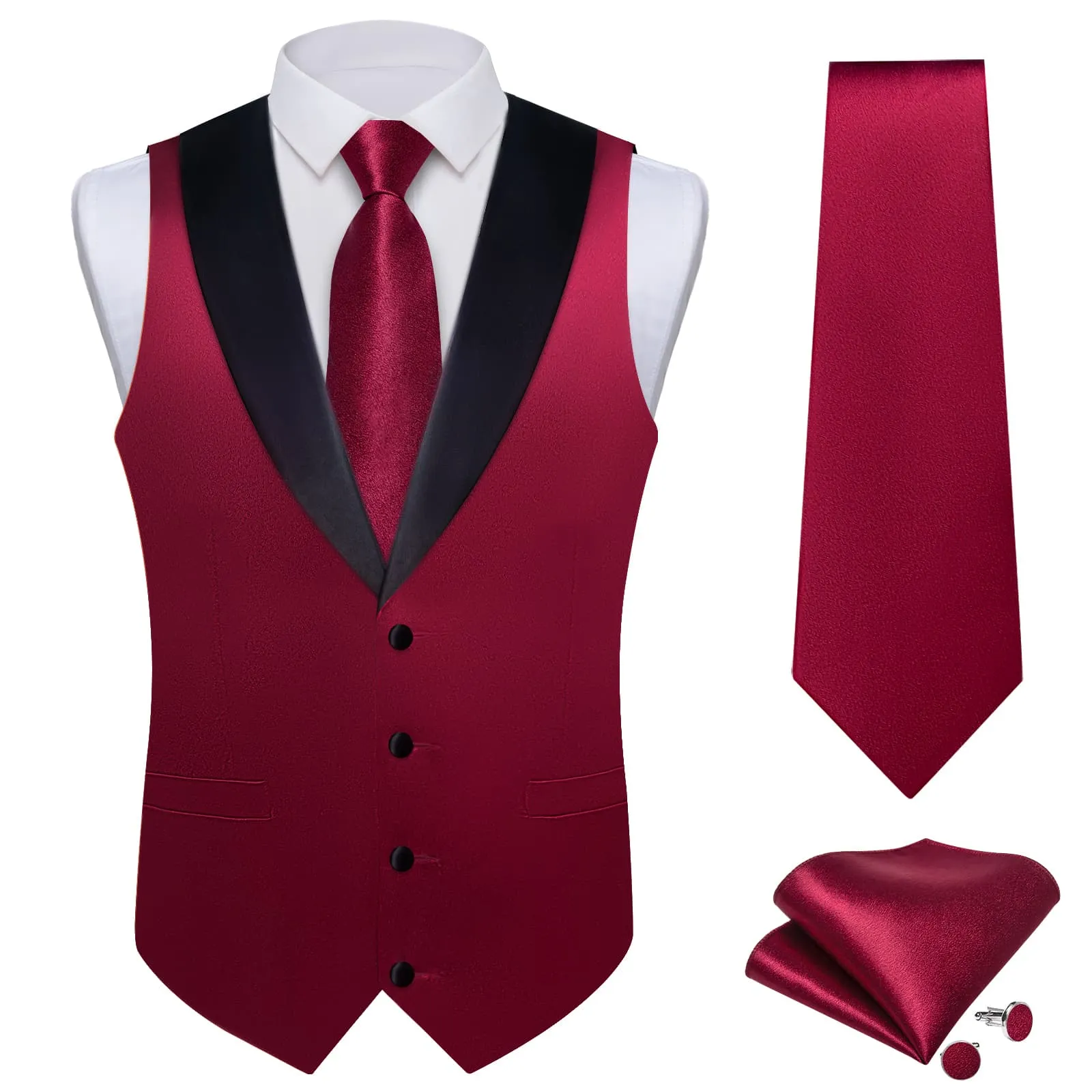 Ties2you Work Vest Shining Dark Scarlet Red Solid Shawl Collar Silk Wedding Mens Vest Tie Set sold by Ties2You product image thumbnail 3