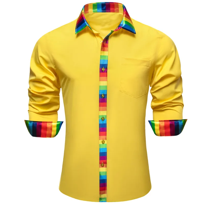 Ties2you Work Shirt Sandstorm Yellow Colorful Splicing Long Sleeve Silk Mens Button Up Shirt sold by Ties2You