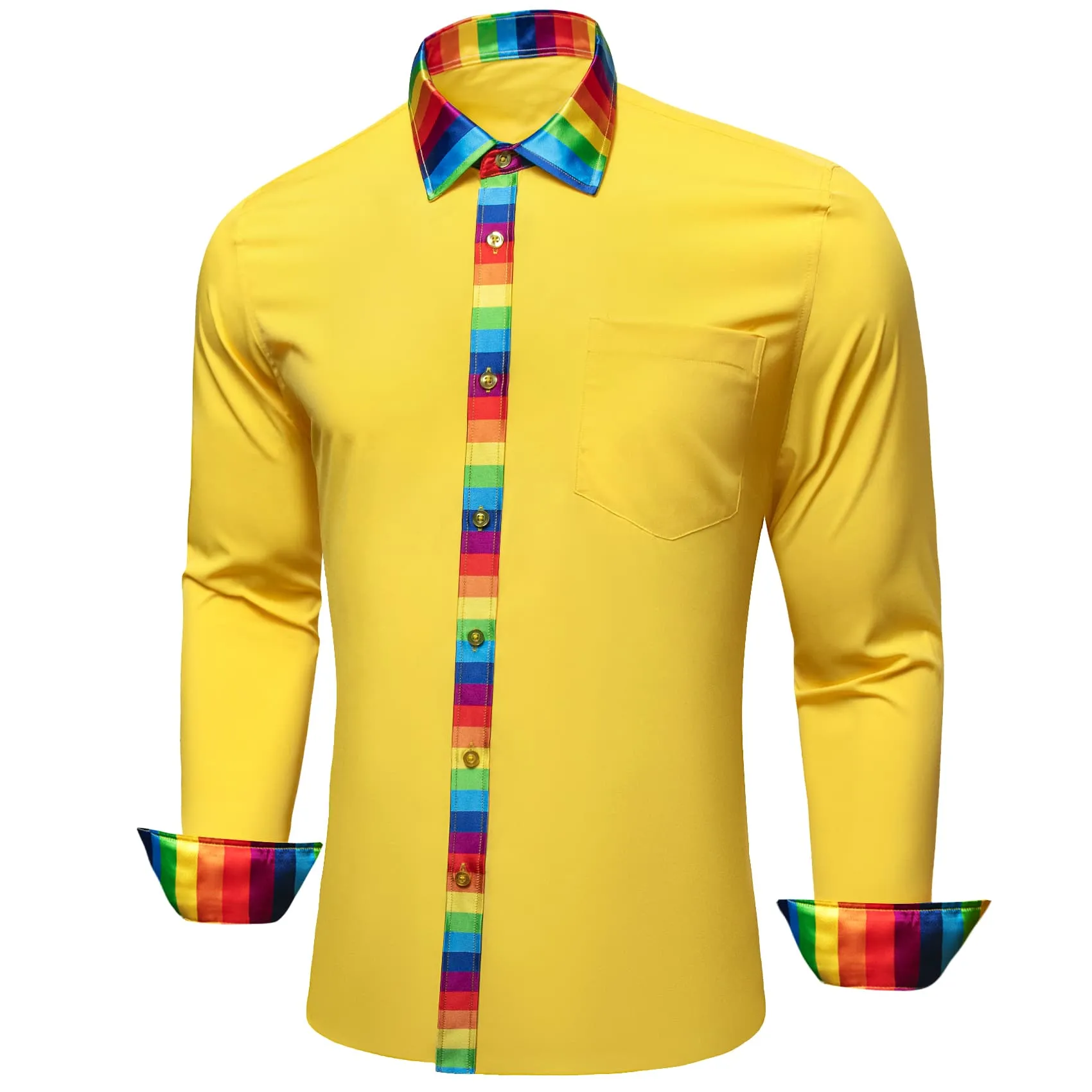 Ties2you Work Shirt Sandstorm Yellow Colorful Splicing Long Sleeve Silk Mens Button Up Shirt sold by Ties2You product image thumbnail 2