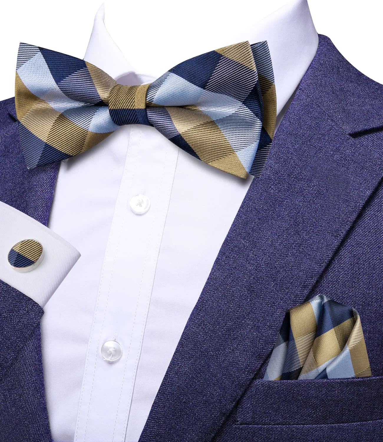 Ties2you Tuxedo Bow Tie Brown Blue Plaid Silk Men's Formal Pre-tied Bowtie Set sold by Ties2You product image thumbnail 2