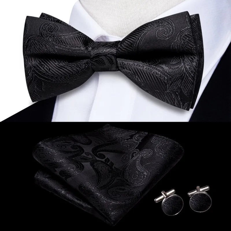 Ties2you Tuxedo Bow Tie Smoky Black Paisley Silk Men's Formal Pre-tied Bowtie Set sold by Ties2You
