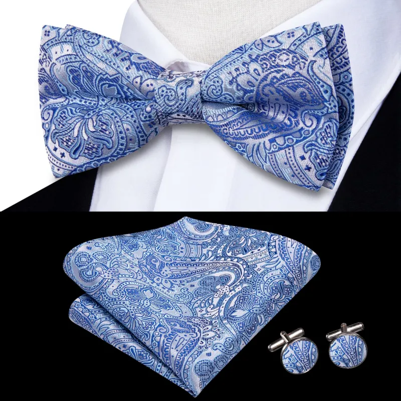 Ties2you Tuxedo Bow Tie Sky Blue Paisley Silk Men's Formal Pre-tied Bowtie Set sold by Ties2You