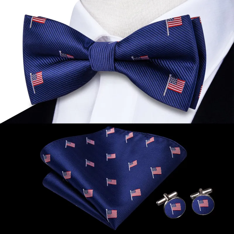 Ties2you Tuxedo Bow Tie Blue American Flag Solid Silk Men's Business Pre-tied Bowtie Set sold by Ties2You