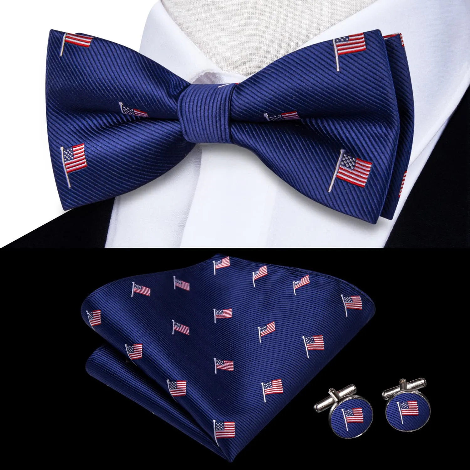 Ties2you Tuxedo Bow Tie Blue American Flag Solid Silk Men's Business Pre-tied Bowtie Set sold by Ties2You